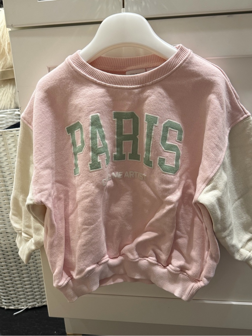 Zara Pink Crewneck Sweater with Cream Sleeves and Green PARIS Logo